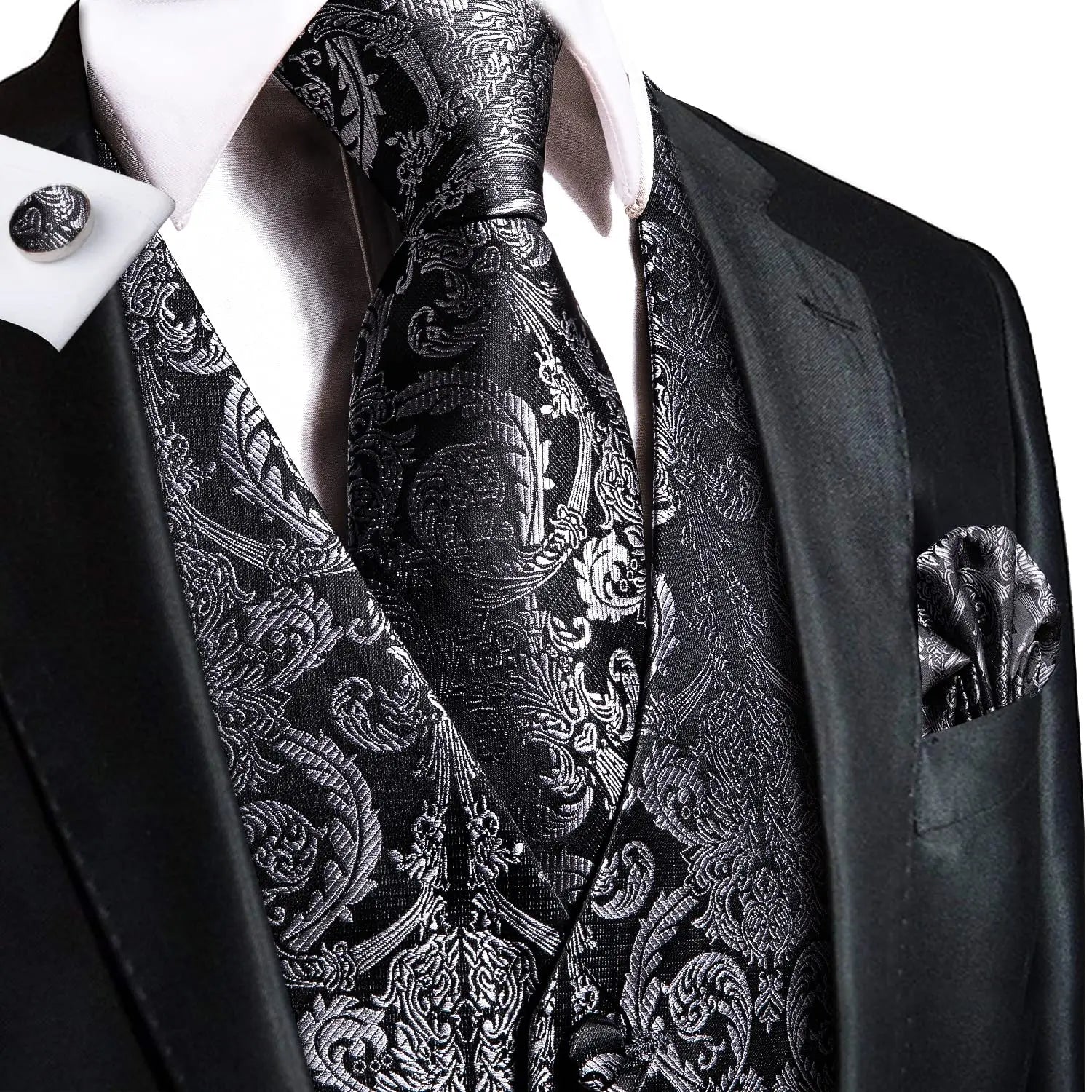Hi-Tie Silk Ivory Beige Champagne Gold Mens Vests Tie Hankerchief Cufflinks Set Jacquard Vine Waistcoat for Men Suit Dress