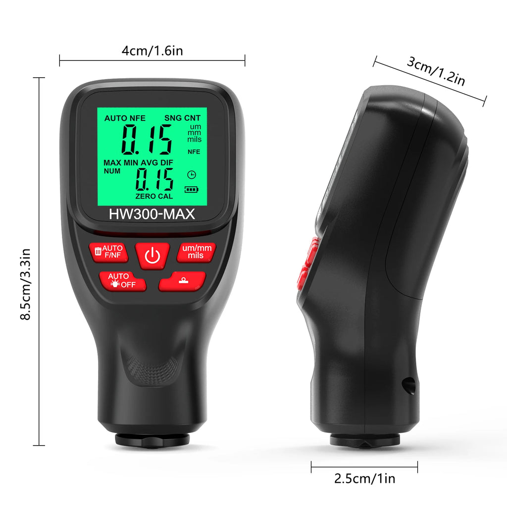 HW300-MAX Car Coating Thickness Gauge 0-2000UM Car Paint Film Thickness Tester Paint DFT Measuring Meter Digital Backlight