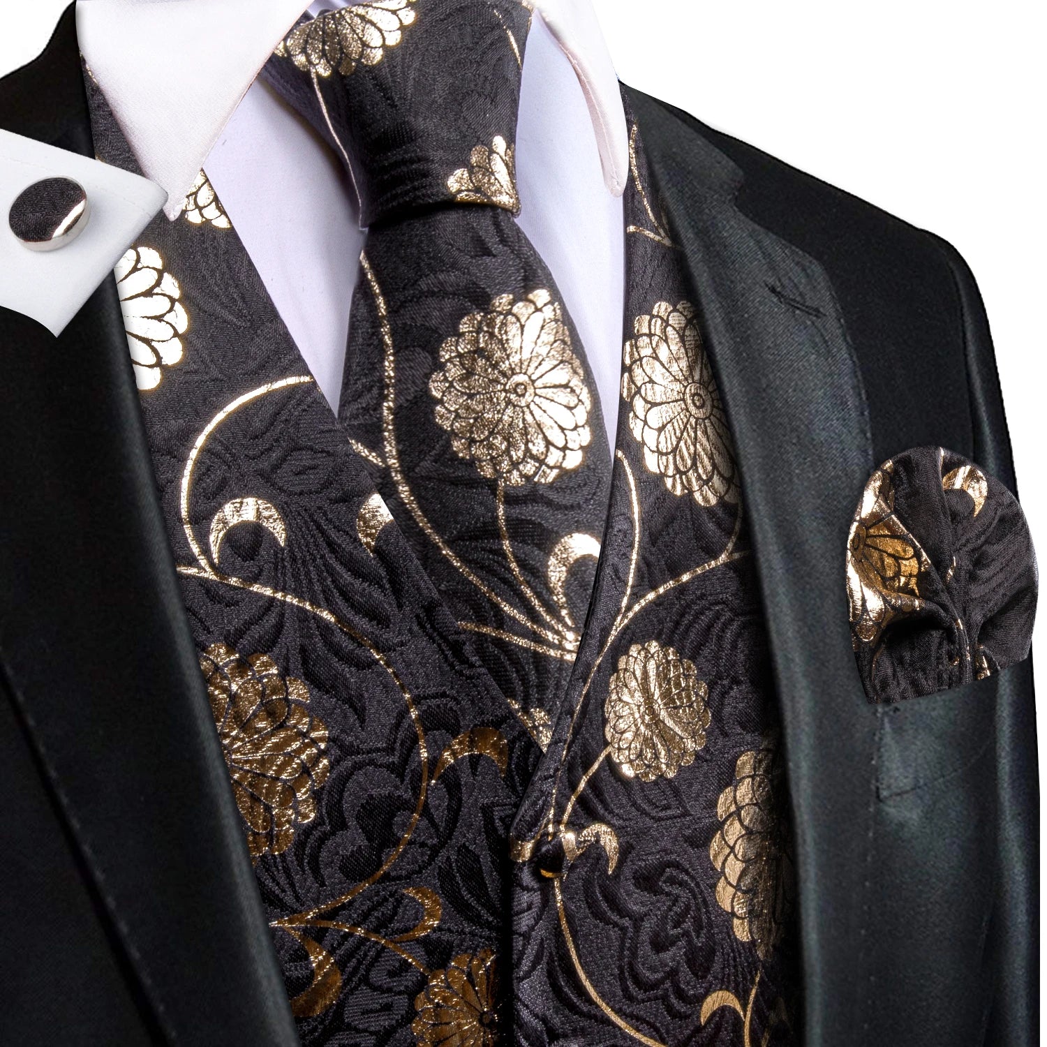 Hi-Tie Men's Silk Vests Fashion Dark Green Floral Jacquard Handkerchief Cufflinks Necktie Sleeveless Wistcoat Sets Wedding Party