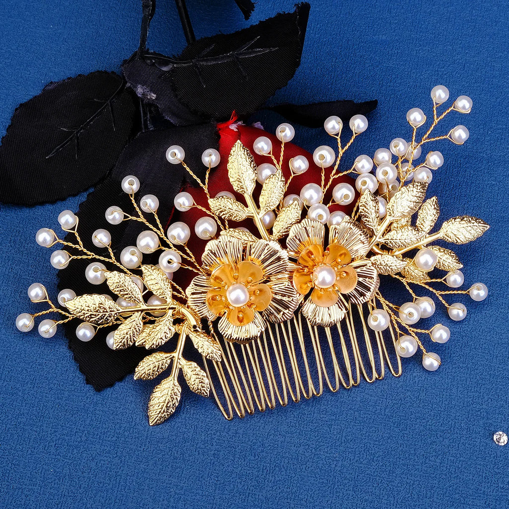 Bride Wedding Hair Comb Gold Flower Hairpin