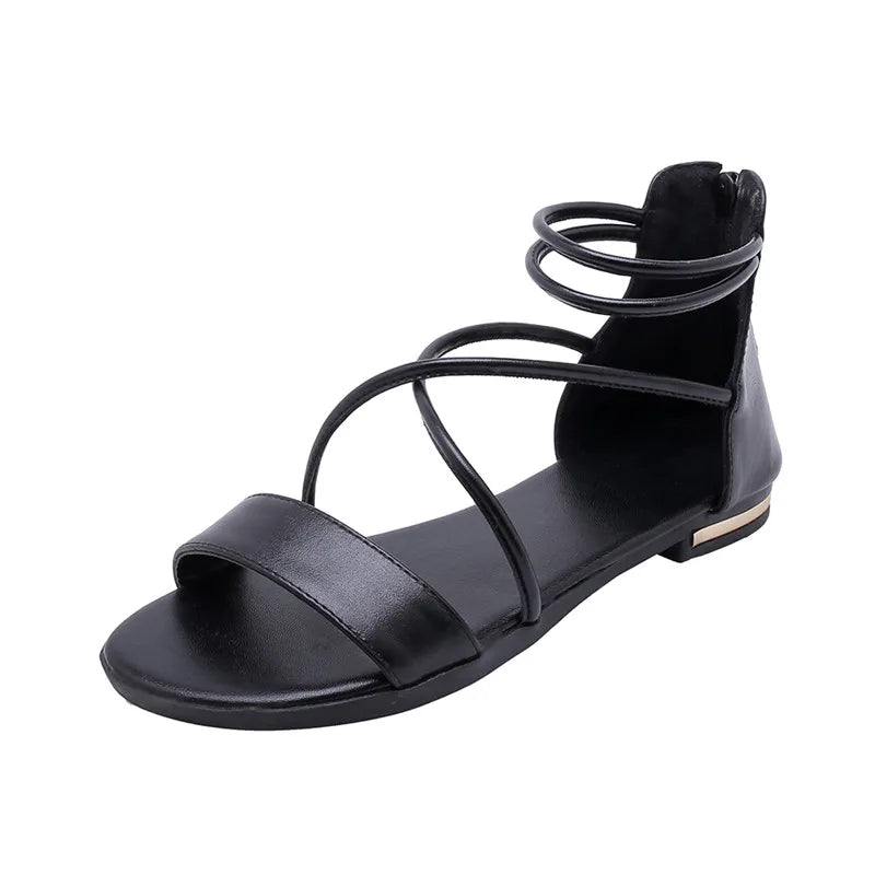 Genuine Leather Women Sandals Summer Flats Shoes Casual Flip Flops Gladiator Sandal Comfortable Cross Strap Beach Shoes Ladies