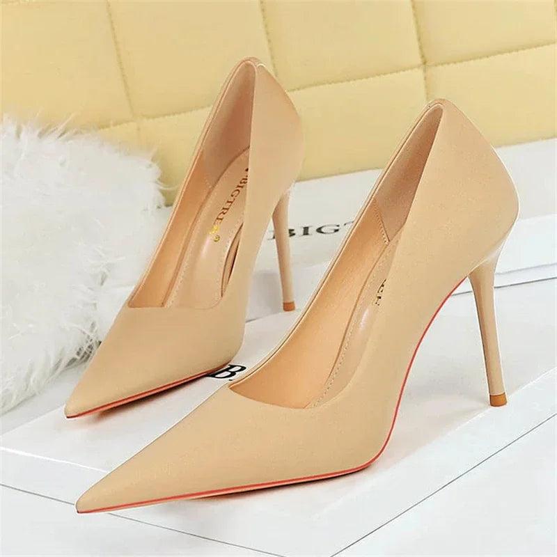 BIGTREE Autumn Fashion Simple Pedicure Slimming Super Woman Pumps Heels Shallow Mouth Strippe Pointed Sexy Nightclub Shoes