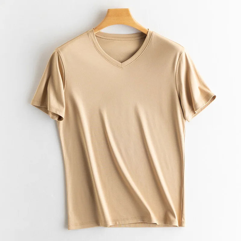 Birdtree 7% Silk 62% Cotton Short Sleeve T-Shirt Men Thin Loose Breathable Basic Solid Cultural T-Shirt 2024 Summer T41479QC