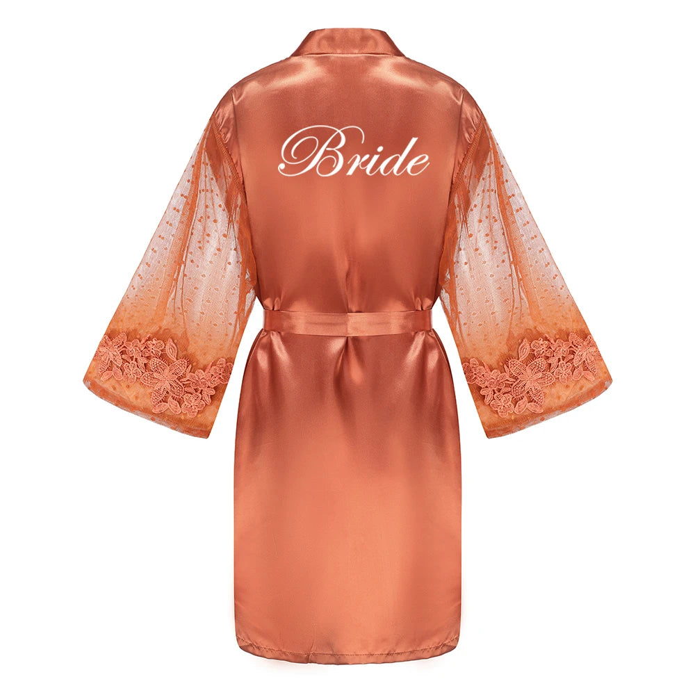 Caramel Wedding Bride Bridesmaid Robes Dressing Gown Sexy Women Bathrobe Night Shirts Short Women Kimono Mesh Sleeve