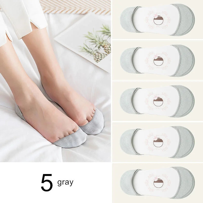 5 Pairs Thin Cotton Boat Socks for Women Shallow Mouth Summer Silicone Anti Slip Women's Ankel Socks for High Heels Shoes