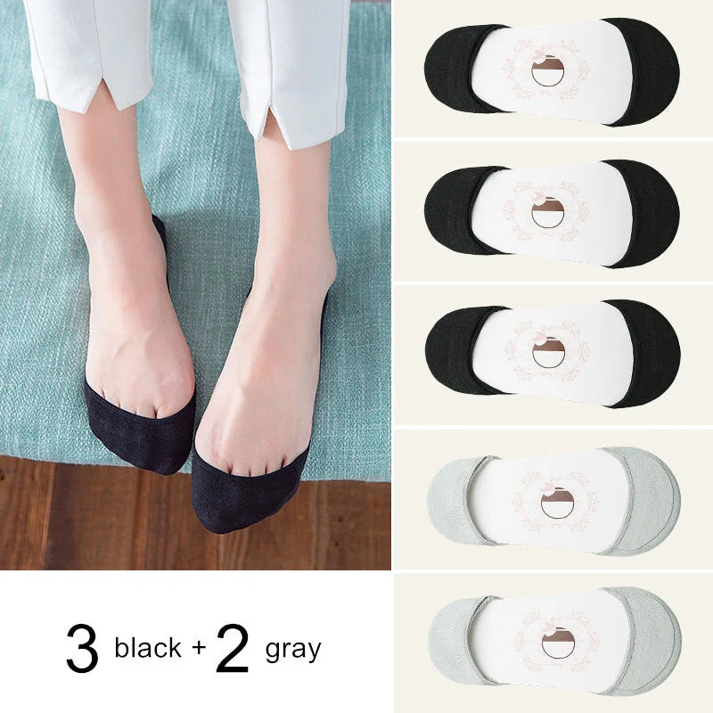5 Pairs Thin Cotton Boat Socks for Women Shallow Mouth Summer Silicone Anti Slip Women's Ankel Socks for High Heels Shoes