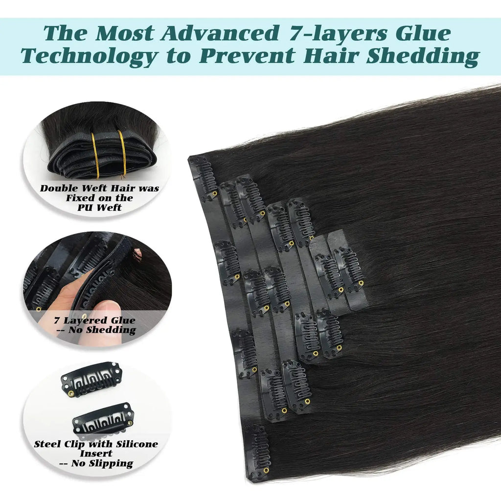 PU Clip in Extensions Human Hair Clip in Natural Thick Straight Hair Extensions Seamless Skin Weft Clip-on Hair Pieces 150G