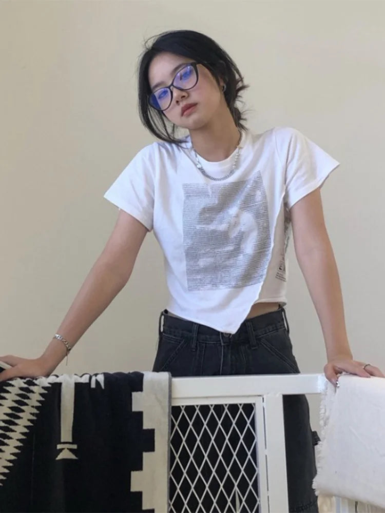 Women Irregular Stitching Short T-shirt Summer Short Sleeve Letter Printing Tops Female Crop Top Ladies Shirt