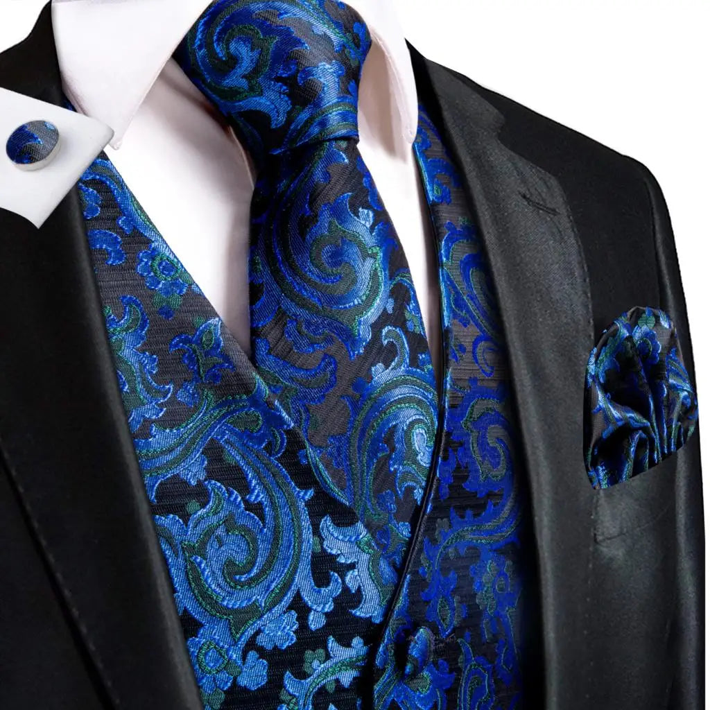 Hi-Tie Silk Ivory Beige Champagne Gold Mens Vests Tie Hankerchief Cufflinks Set Jacquard Vine Waistcoat for Men Suit Dress