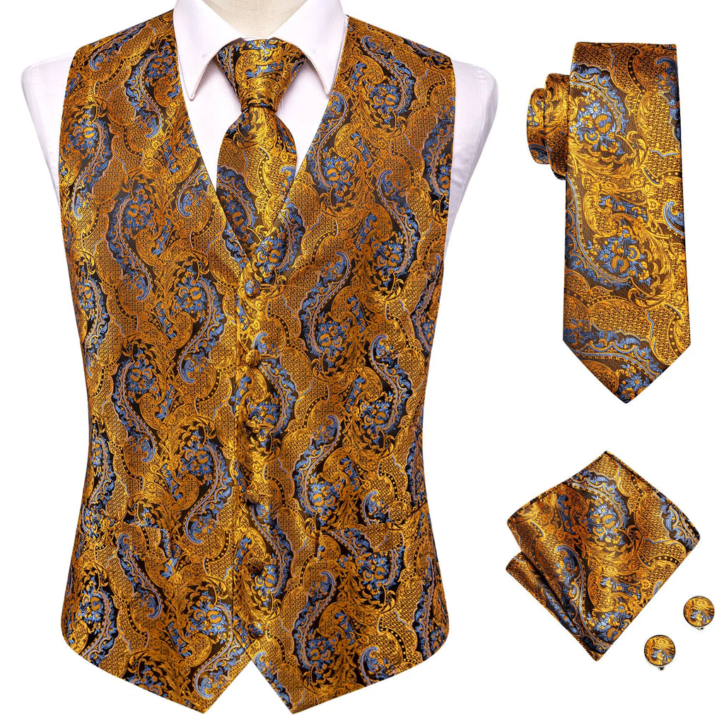 Hi-Tie Brand Silk Mens Vests Grey Black Gold Navy Blue Red Burgundy Jacquard Waistcoat Jacket NeckTie Hanky Cufflinks for Men