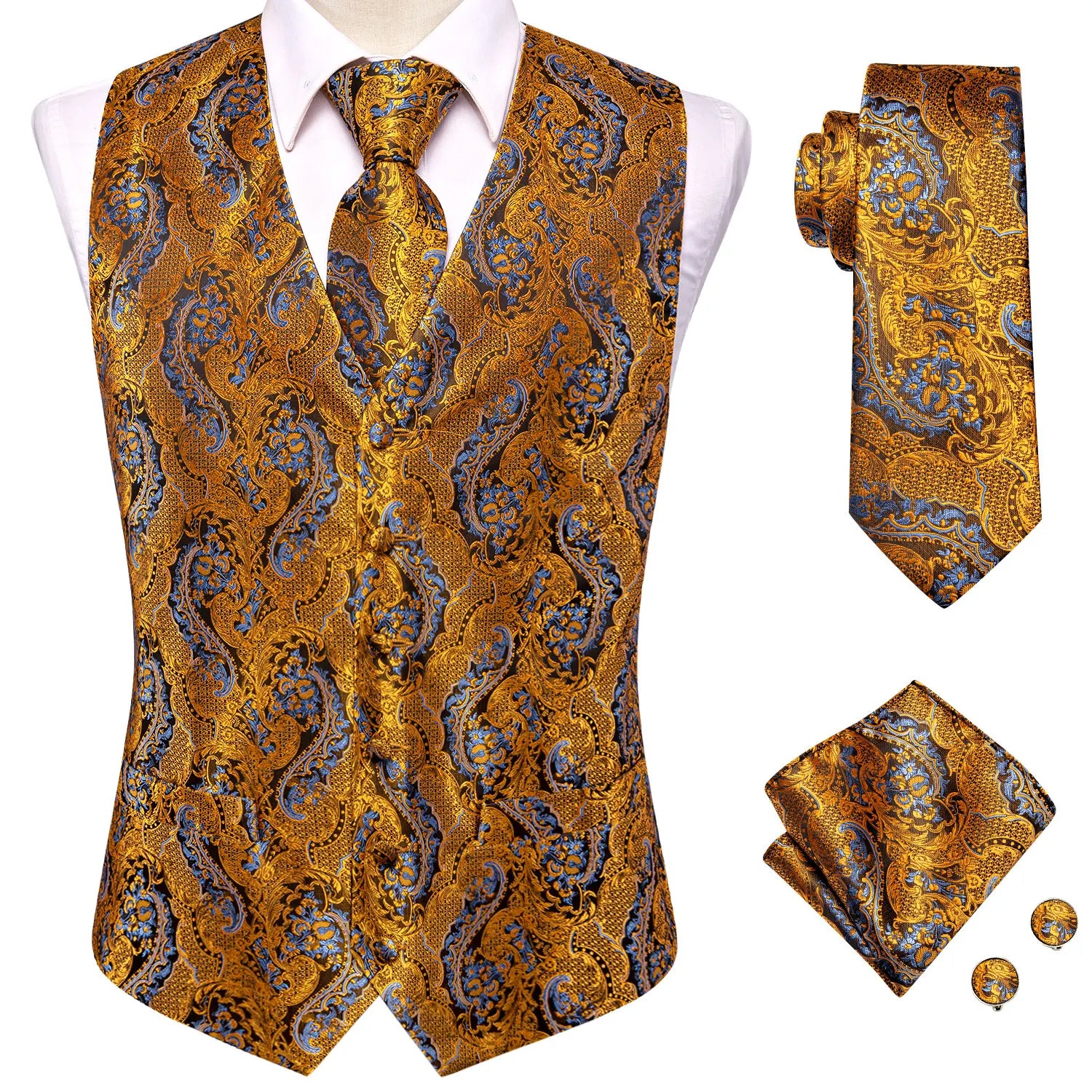 Hi-Tie Brand Silk Mens Vests Grey Black Gold Navy Blue Red Burgundy Jacquard Waistcoat Jacket NeckTie Hanky Cufflinks for Men