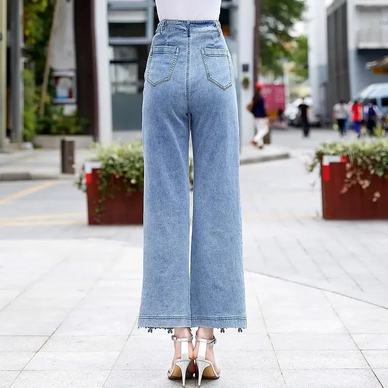 High Waist Pantalones De Mujer Lace Patchwork Hollow Out Fashion Elegant Jeans for Women All Match Casual Loose Summer Pants