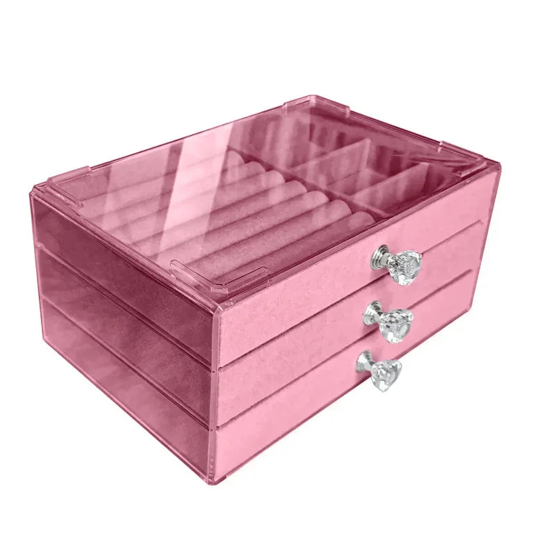 Velvet Acrylic Jewelry Organizer With 3 Drawers Stackable Display Storage Earrings Necklace Bracelets Box Holder Case For Women