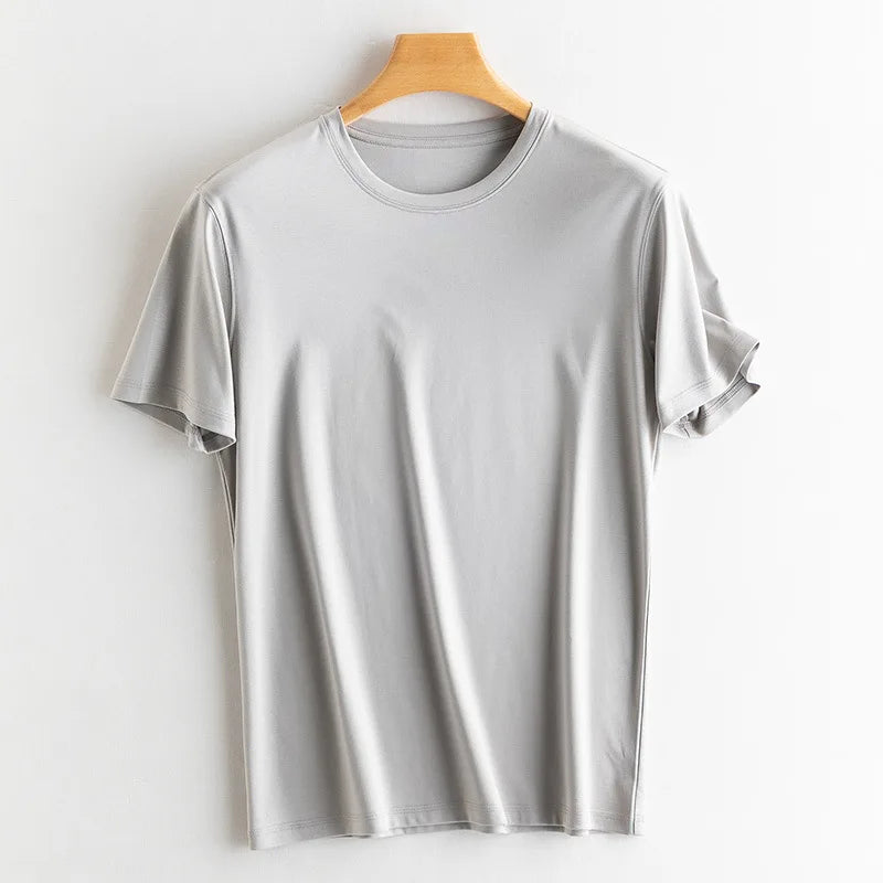 Birdtree 7% Silk 62% Cotton Short Sleeve T-Shirt Men Thin Loose Breathable Basic Solid Cultural T-Shirt 2024 Summer T41479QC