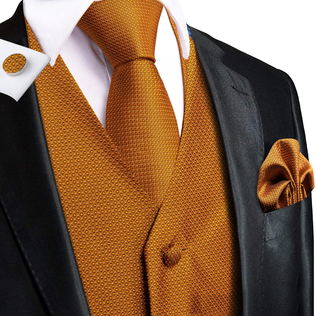 Hi-Tie Men's Silk Vests Fashion Dark Green Floral Jacquard Handkerchief Cufflinks Necktie Sleeveless Wistcoat Sets Wedding Party
