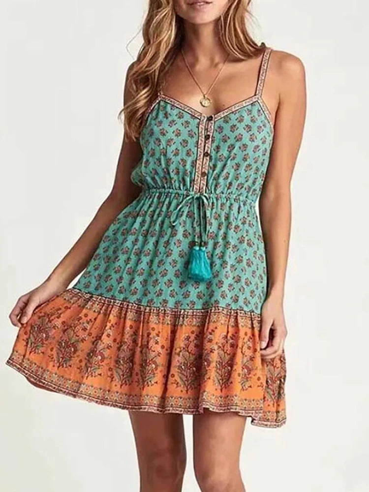Fitshinling Button Down Vintage Summer Dress Dance Wear Slim Print Party Sundress Sexy Short Party Dresses Women Costume 2024