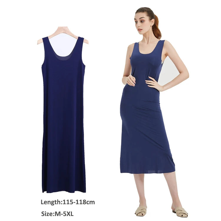 Plus Size Full Slips Dresses For Women Thin Seamless Ice Silk Summer Petticoat Underskirt Dress Sleeveless Inner Vest Dress 5XL
