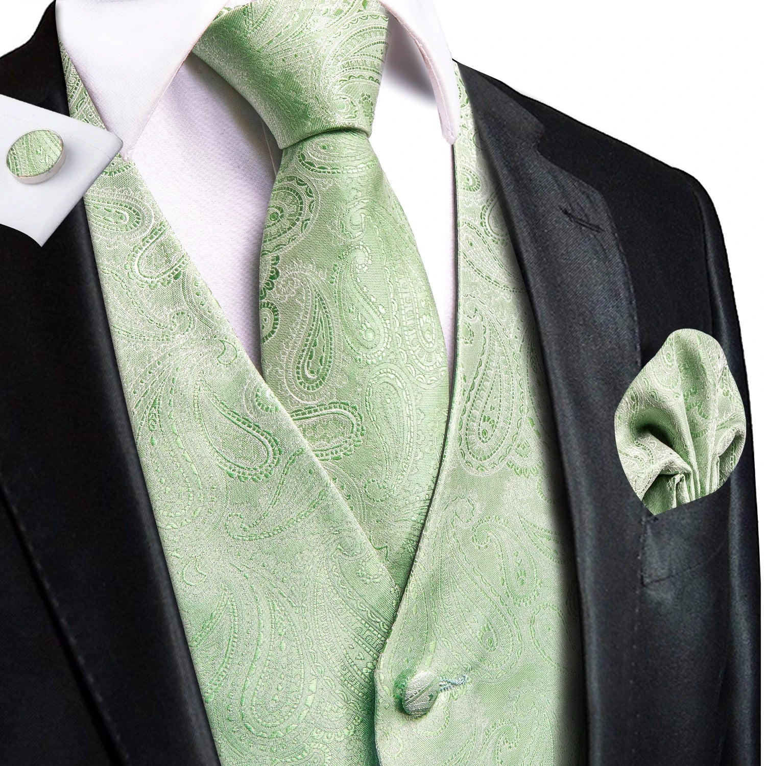 Hi-Tie Men's Silk Vests Fashion Dark Green Floral Jacquard Handkerchief Cufflinks Necktie Sleeveless Wistcoat Sets Wedding Party