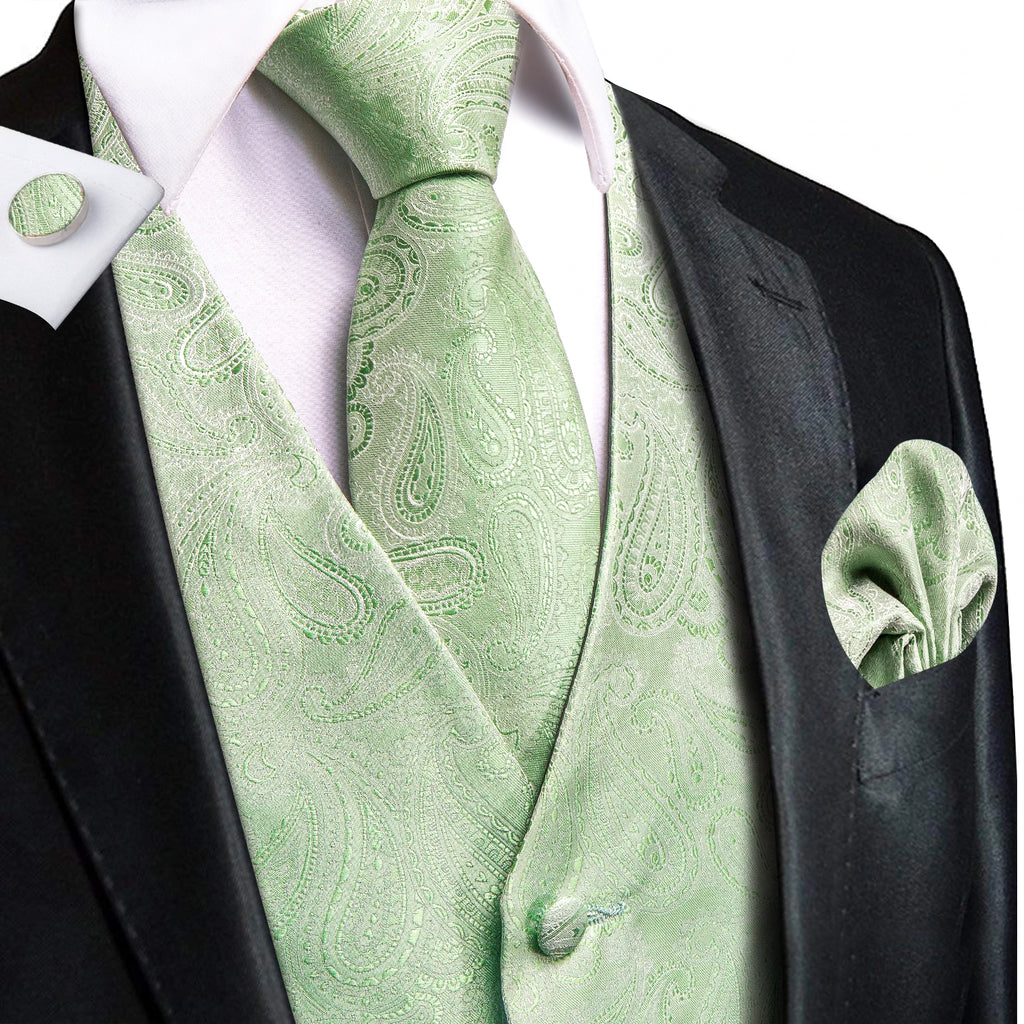 Hi-Tie Men's Silk Vests Fashion Dark Green Floral Jacquard Handkerchief Cufflinks Necktie Sleeveless Wistcoat Sets Wedding Party