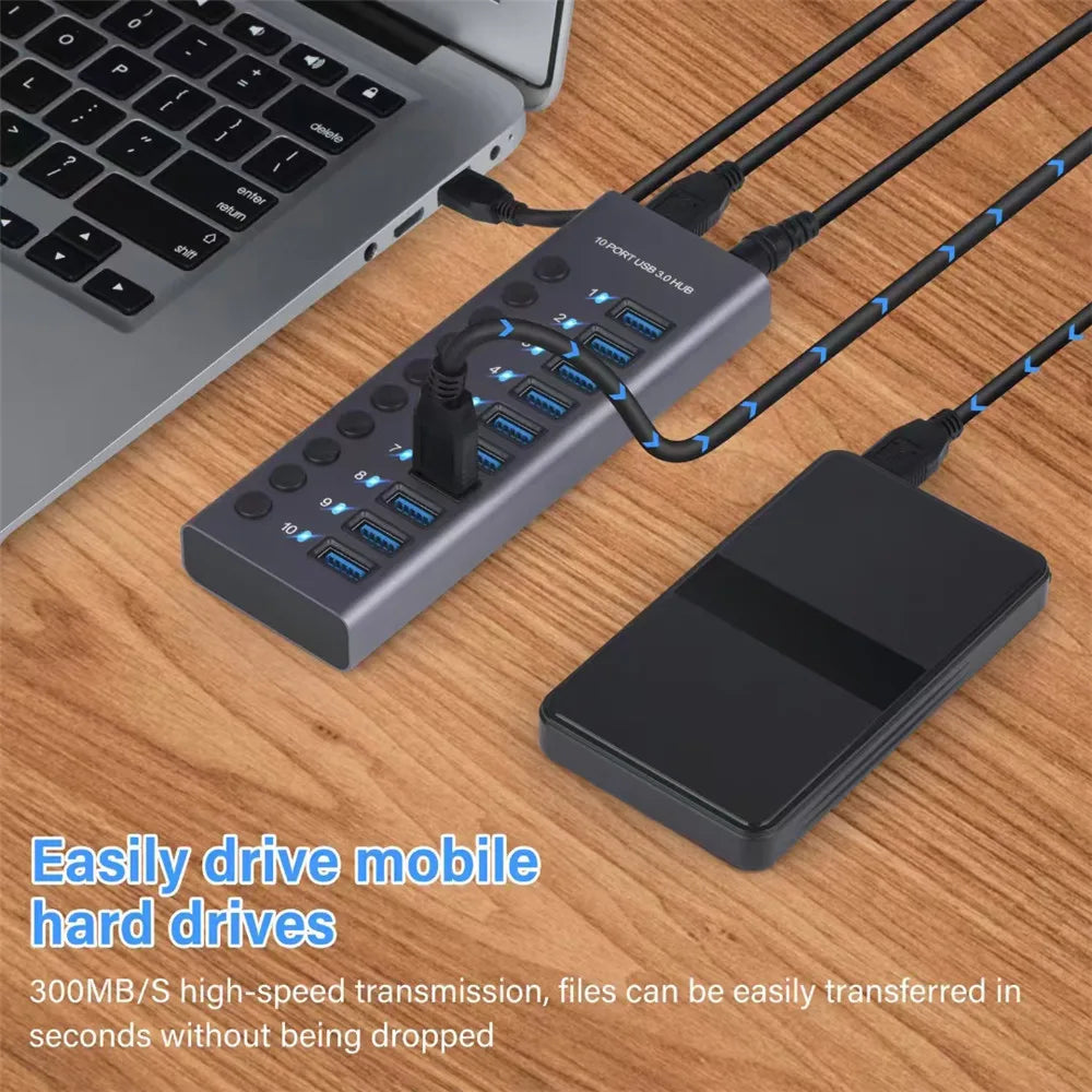 MZX USB 3.0 Hub Aluminum Multi Port Splitter with Power Adapter and Switch