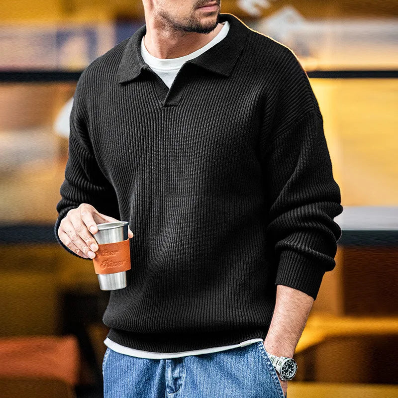 Retro Polo Neck Knit Pullover Sweater Men's