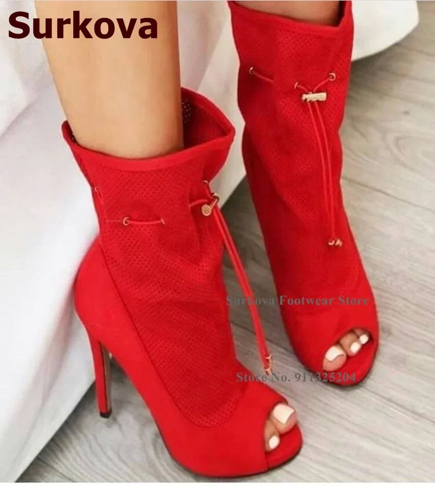 Surkova Royal Blue Suede Small Hole Cut-out Ankle Boots Thin High Heel Lace-up Dress Shoes Ruffle Caged Open Toe Sandals Booties