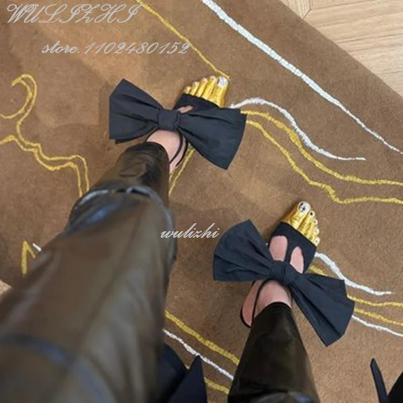 Big Bow Golden Toes Five Split Toes Sexy Sandals Stiletto Heels Women Hollow Metallic Luster Shiny Dress Heels Ankle Straps Shoe