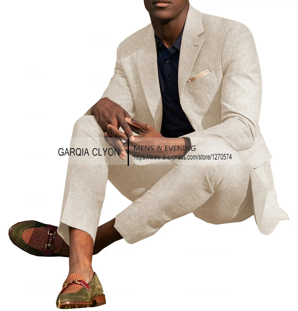 Linen Men's Suits 2 Pieces Summer Casual Notch Lapel Single Breasted Men's Wedding Suits（Blazer+Pants）