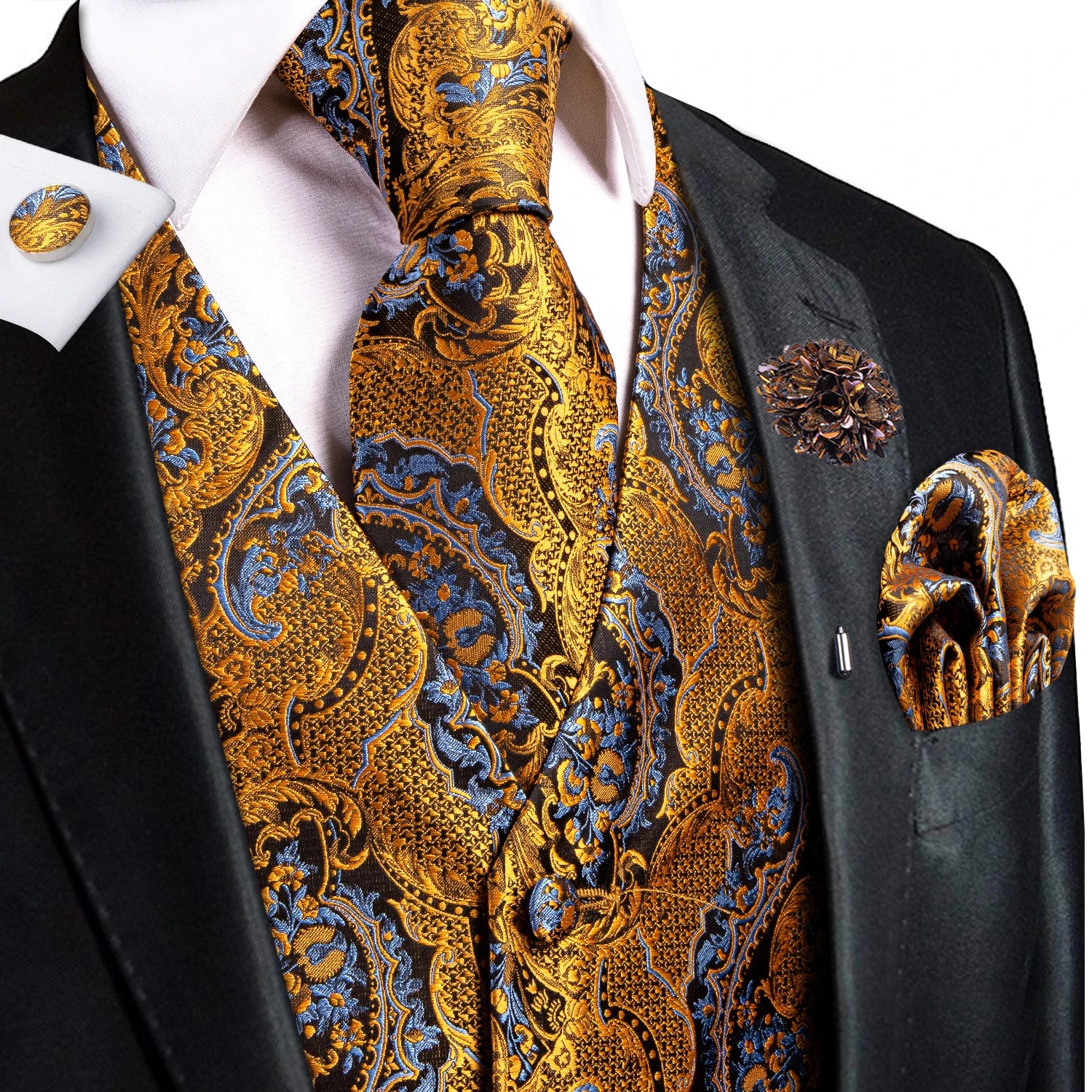 Hi-Tie High Quality Silk Mens Vests Champagne Paisley Waistcoat Neck Tie Hanky Cufflinks Brooch Set for Men Suit Wedding Office