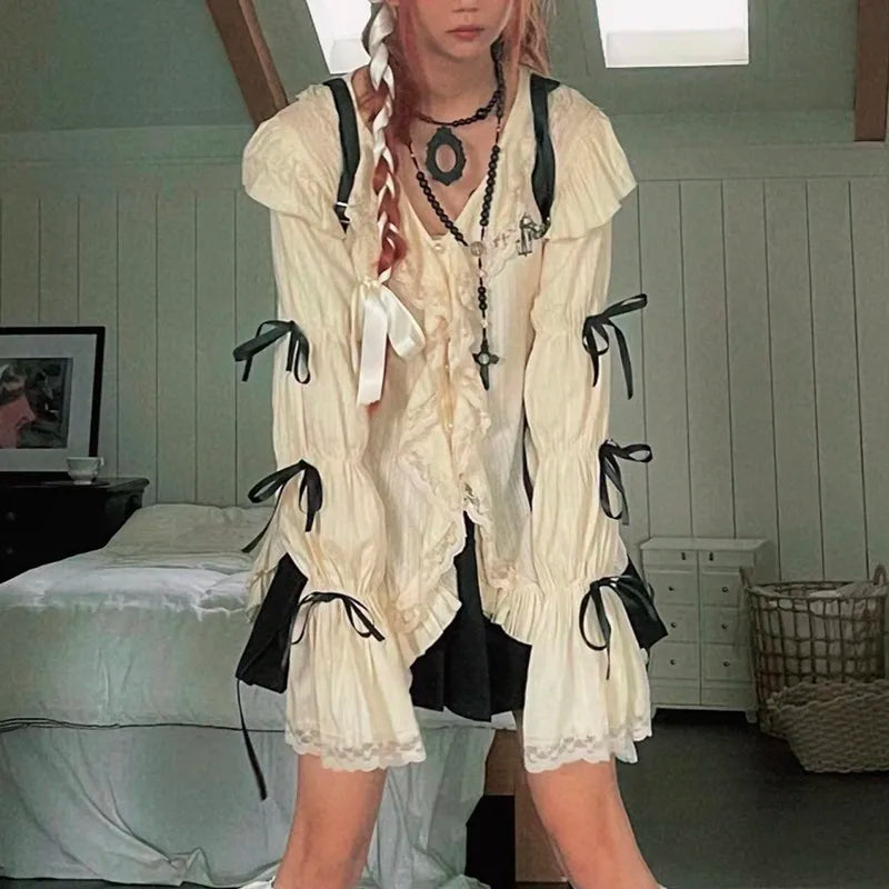 Y2k Gothic Lace Shirt Harajuku Bandage Blouse