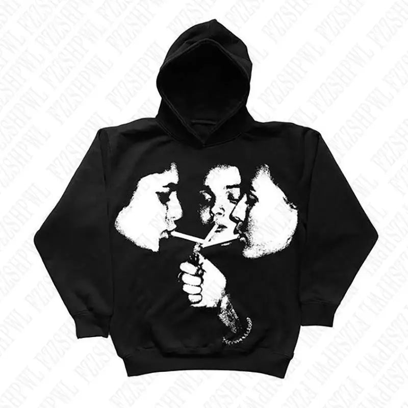 2000s Goth Harajuku Graphic Print Y2K Hooded Sweatshirt Retro Punk Streetwear Pullover Clothes Loose Hip Hop Hoodie Sweatshirts