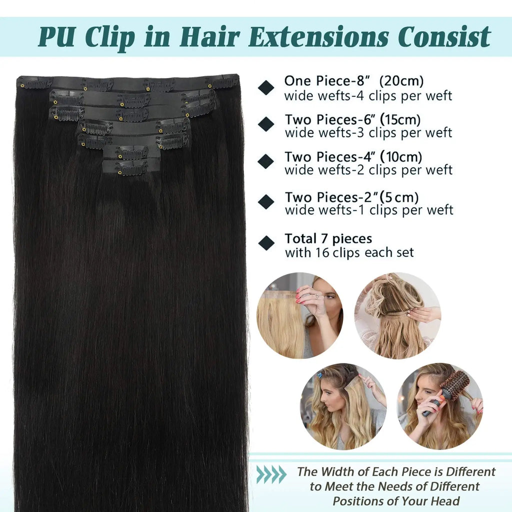 PU Clip in Extensions Human Hair Clip in Natural Thick Straight Hair Extensions Seamless Skin Weft Clip-on Hair Pieces 150G