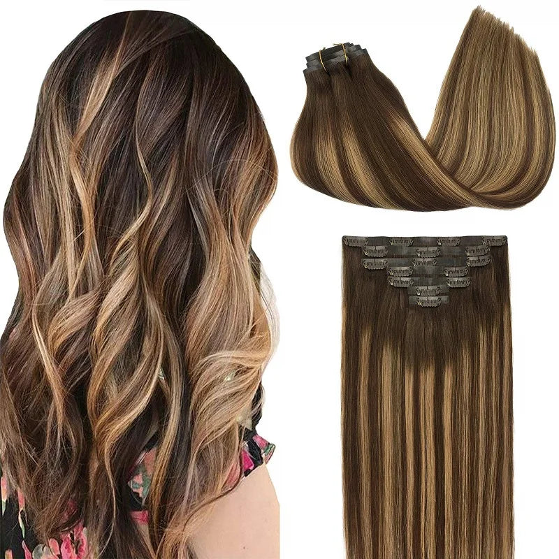 PU Clip in Extensions Human Hair Clip in Natural Thick Straight Hair Extensions Seamless Skin Weft Clip-on Hair Pieces 150G