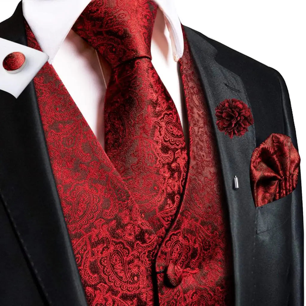 Hi-Tie High Quality Silk Mens Vests Champagne Paisley Waistcoat Neck Tie Hanky Cufflinks Brooch Set for Men Suit Wedding Office