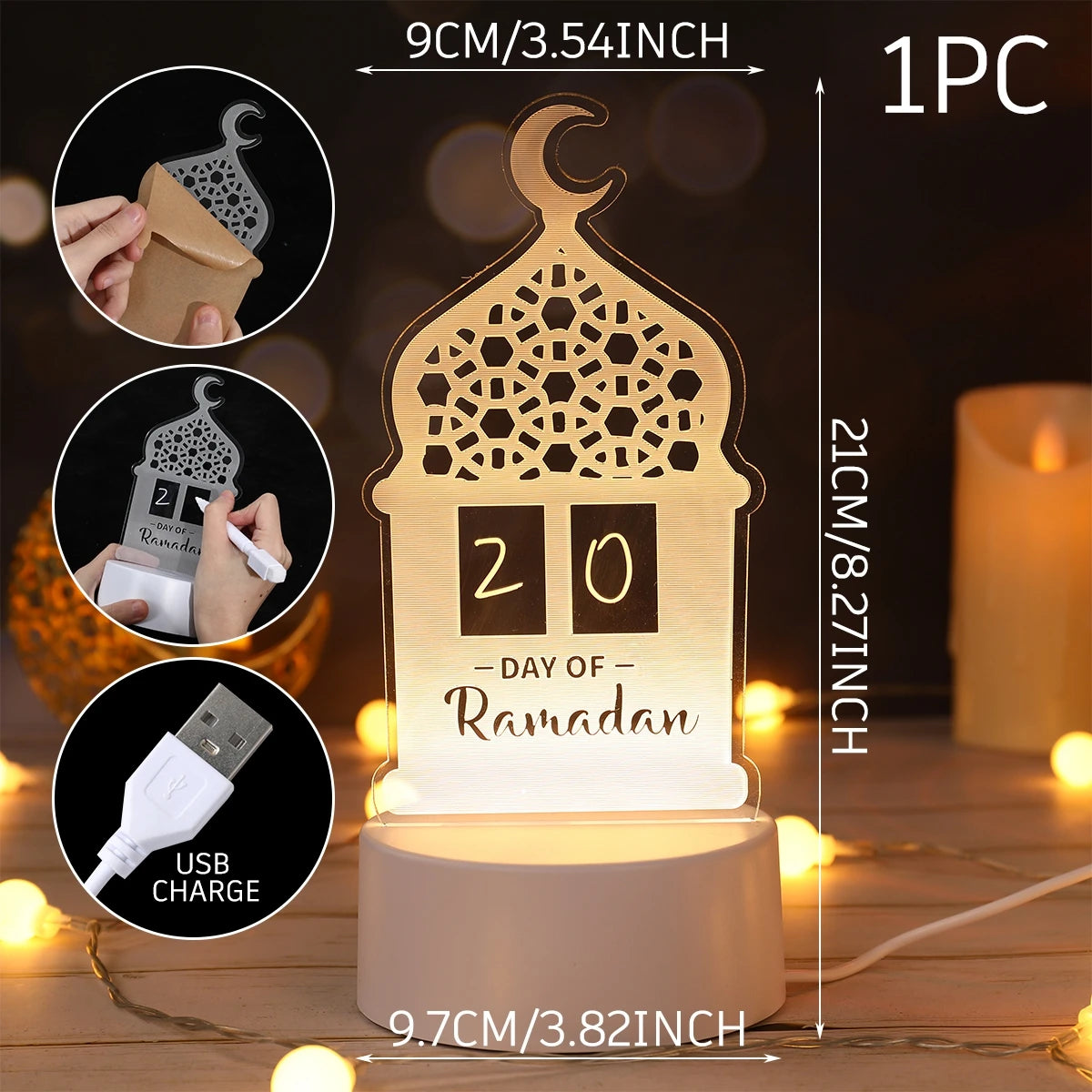 Eid Mubarak 3D LED Lamp Ramadan Night Light 2025