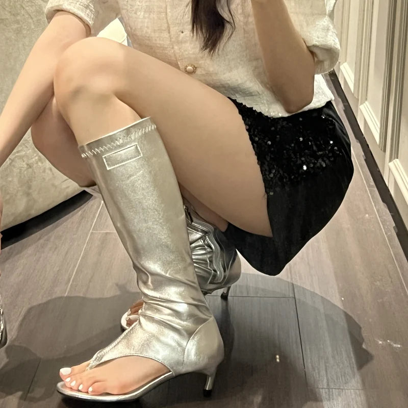 Eilyken Clip Toe Low Heels Knee High Boot Sandals Woman Fashion Zipper Banquet Summer Shoes Designer Flip Flops Botas Mujer