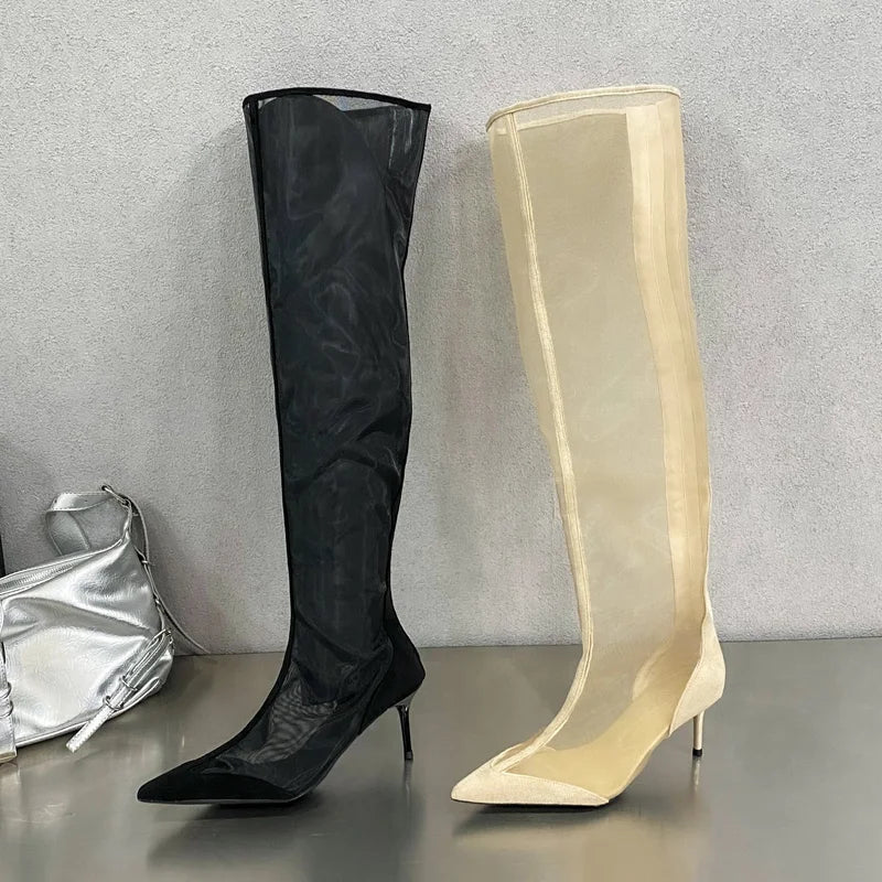 Eilyken New Design Mesh Pointed Toe Women Over The Knee Boot Sandals Fashion Zipper Thin High Heels Party Prom Shoes