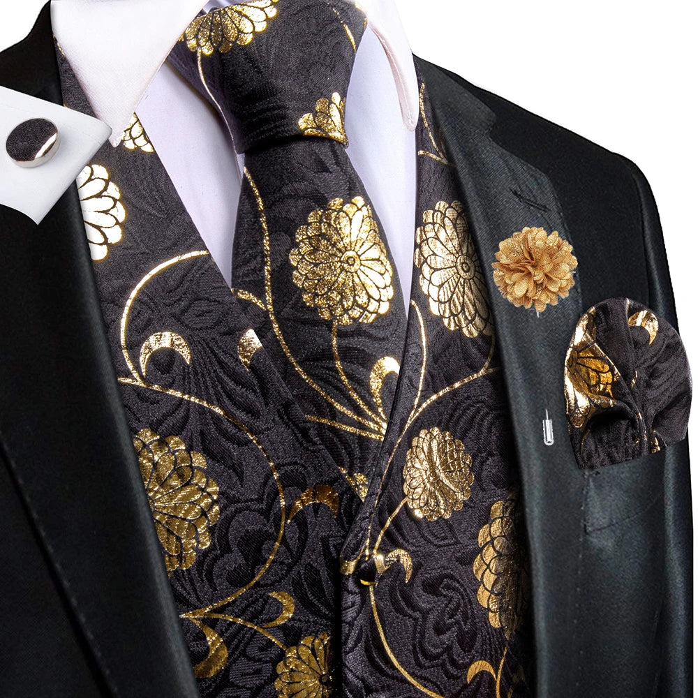 Luxury Gold Black Silk Mens Vests Print Jacquard Waistcoat Tie Hanky Cufflinks Brooch Set for Men Wedding Formal Business Hi-Tie