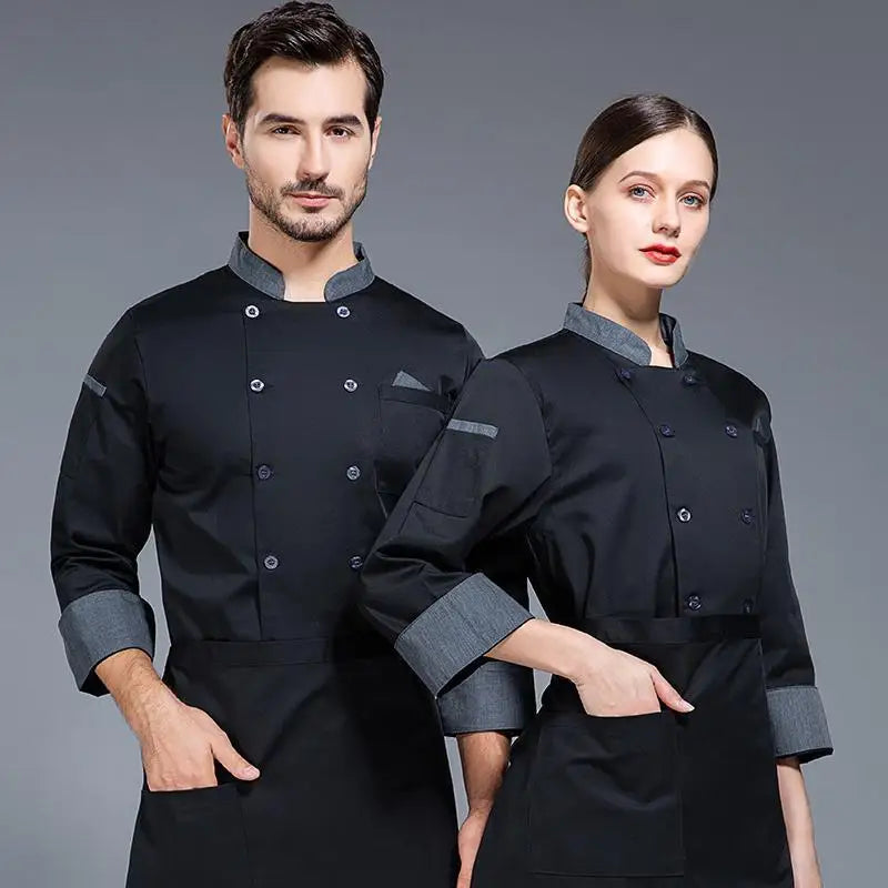 Men Red Chef Coat Logo Long Sleeve Chef Jacket for Summer Apron Head Chef Uniform Restaurant Hotel Kitchen Cooking Clothes