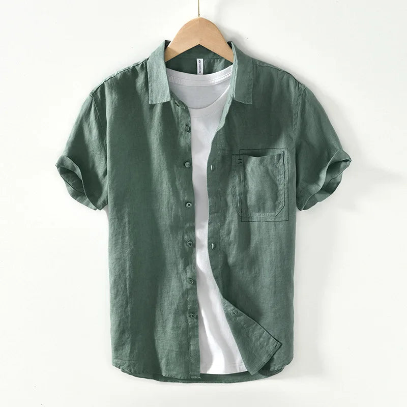 Summer New Casual Cargo Short Sleeve Shirts for Men Pure Linen Simple Slim Thin Men Clothing BL993