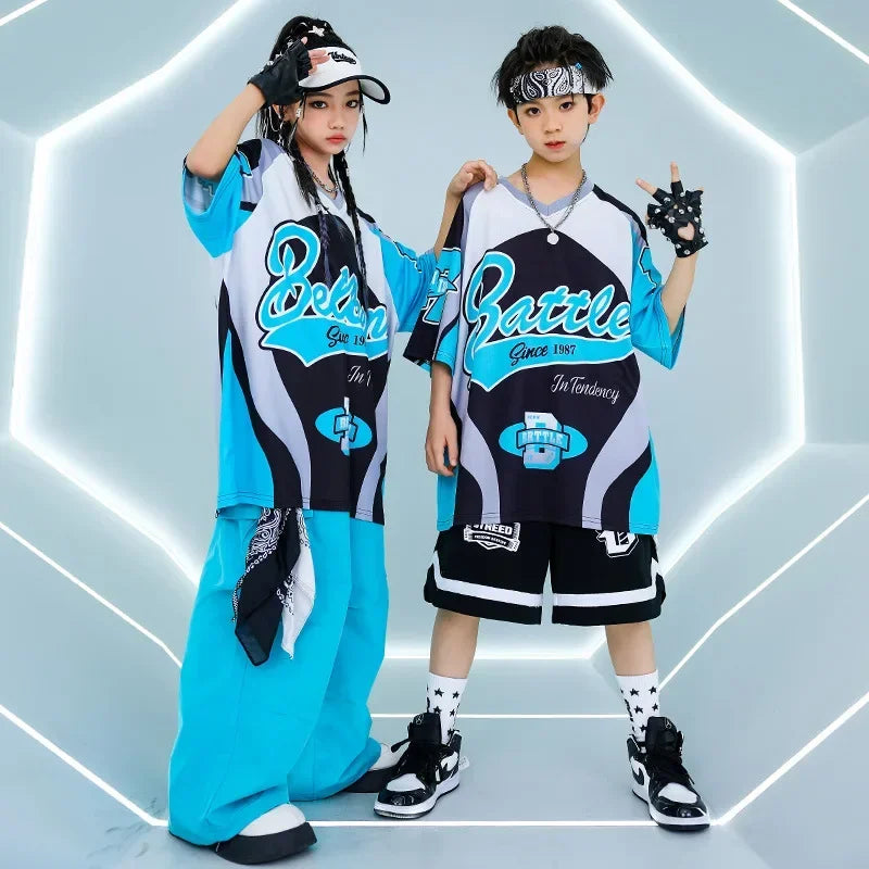 New Summer Teens Loose Blue T-Shirt Pants Black Shorts Boys Hip Hop Outfits Modern Jazz Dance Costume Girl Kpop Performance Wear