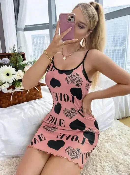 Sexy Spaghetti Strap V-Neck Nightdress Women Nightie Summer Loose Cotton Nightgown Female Cute Print Sleep Dress Light Sleepwear