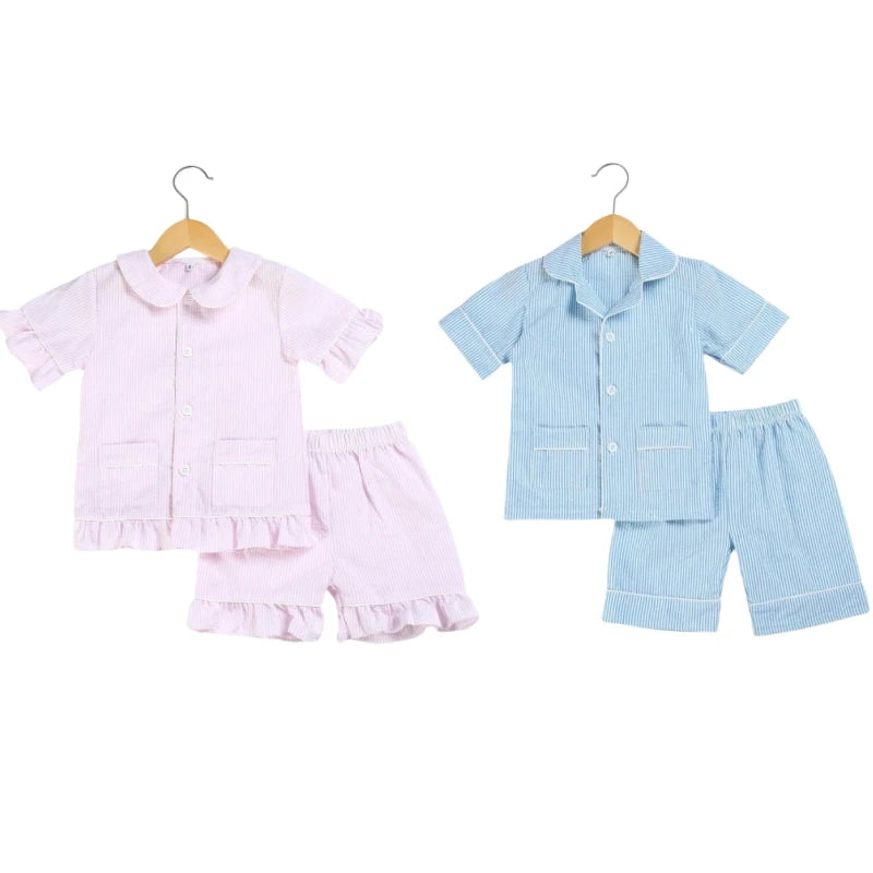 Ruffkids Summer Kids Pajamas Cotton Seersucker Sibling Matching Pjs Sleepwear Baby Clothes Loungewear Girls Boys Pyjamas Sets