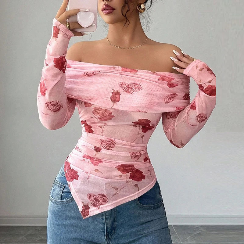 Sweet Personality Style Printed Off Shoulder Women Long Sleeve T-Shirts Female Sexy Irregular T Shirts For Women Slim Tee Tops