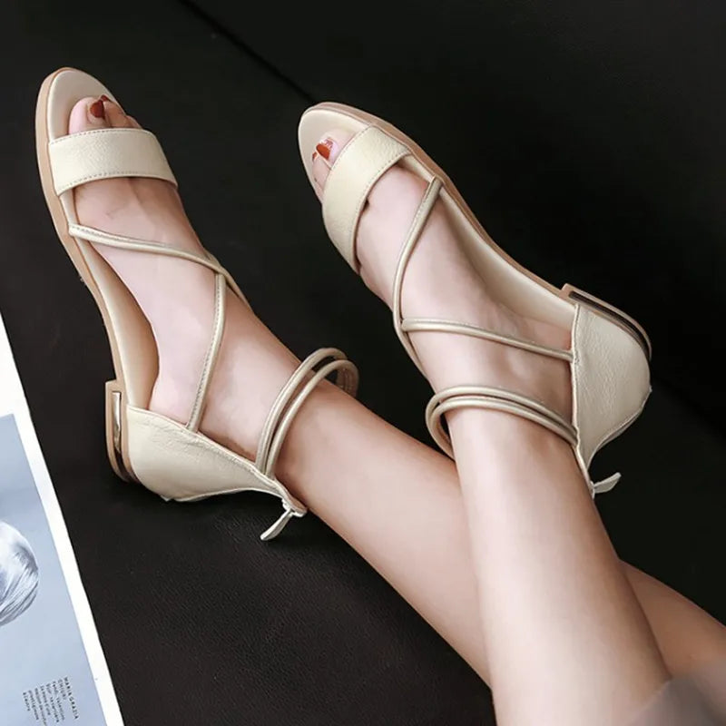 Genuine Leather Women Sandals Summer Flats Shoes Casual Flip Flops Gladiator Sandal Comfortable Cross Strap Beach Shoes Ladies