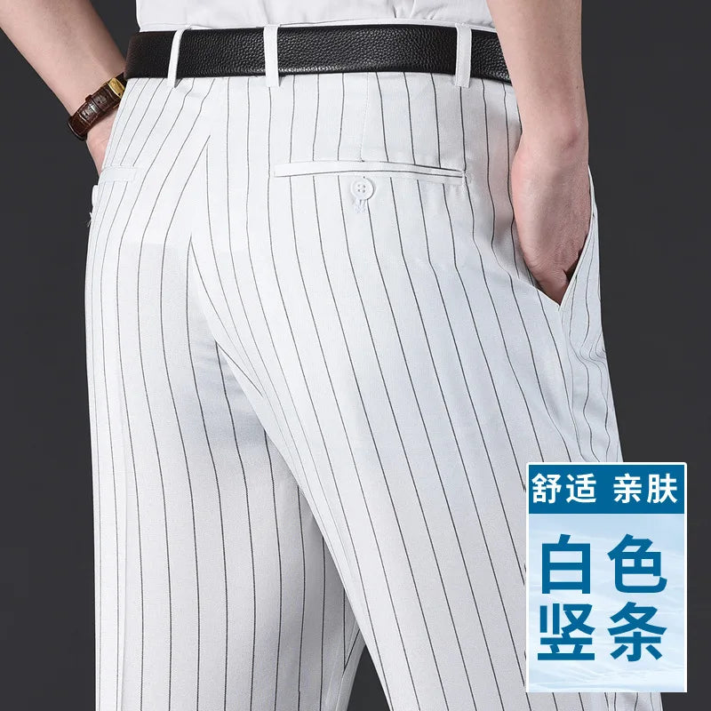 Flat Stretch Suit Pants For Men Striped Thin Summer Straight High Waist Black White Blue Formal Fashion Korea Dress Trousers Men