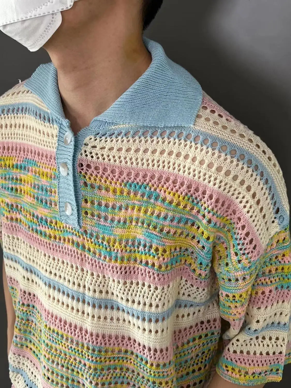 Vintage Colour Stripe Hollow Lapel Collar Short Sleeved T-shirt Knitting Men Summer Loose Comfortable Refreshing POLO Shirt