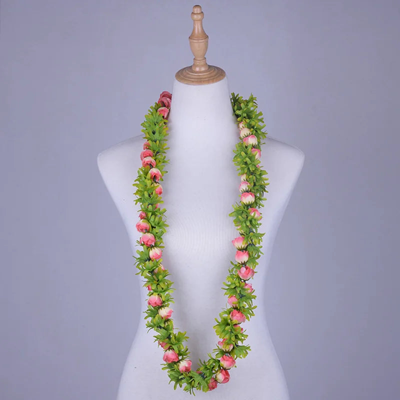 Popular Artificial Silk Rosebud Greenrose Lei Double Strand Braided Necklace Hawaiian Garland Polynesian Samoan Style Wreath
