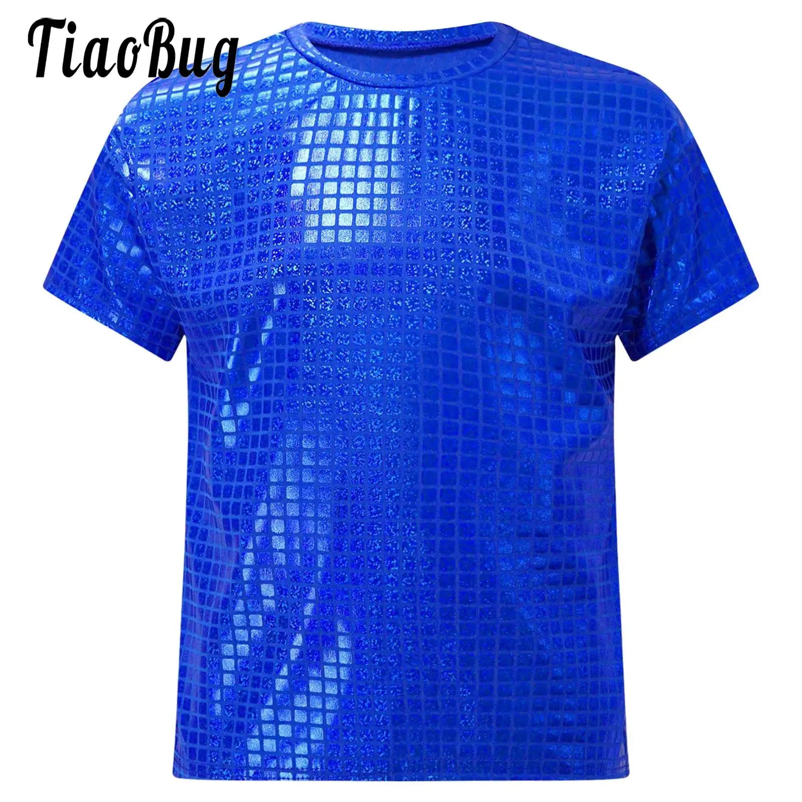 Boys Girls Shiny Plaid Sequins T-shirt Unisex Kids Short Sleeve Shirts Tops Cheerleading Street Dance Choir Stage Performance
