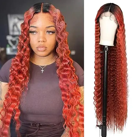 WIGERA Synthetic Ombre Black 40Inch Extra Long Crimp Deep Body Wave Lace Wig Curly Wavy Wigs Highlights With Baby Hair For Women